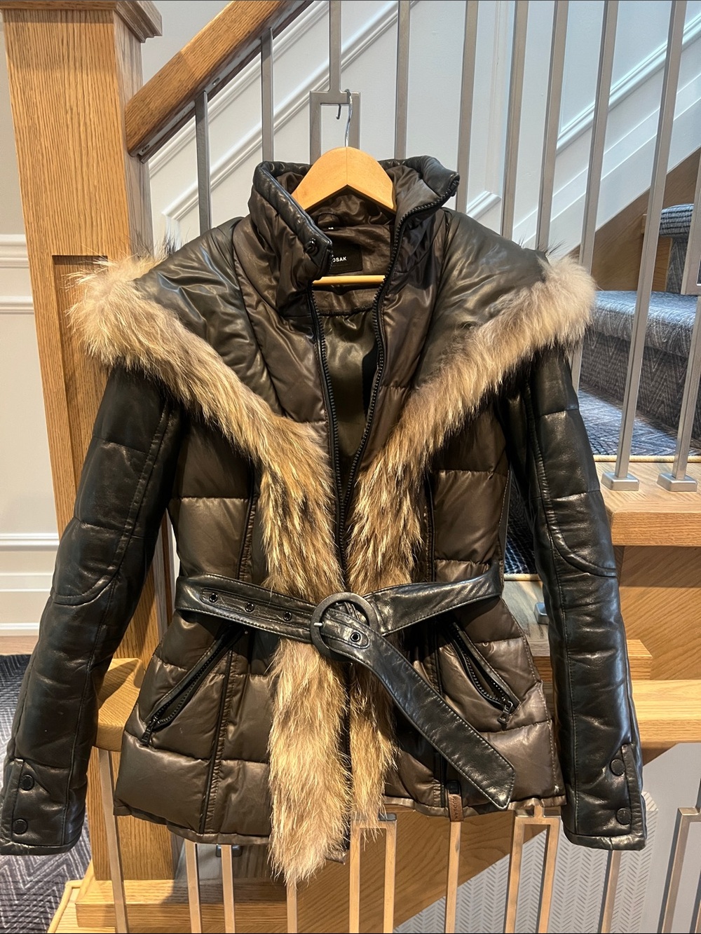 RUDSAK Black Puffer Coat with Tan Faux-Fur Trim and Leather Sleeves